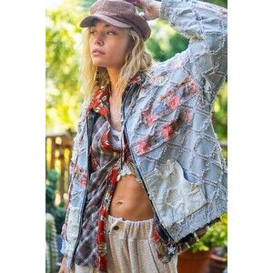 POL Vintage Washed Jacket with Mixed Patches in Denim Floral Multi Medium